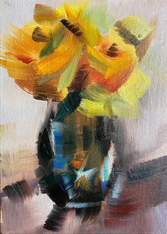 YELLOW ROSES IN PATINA VASE